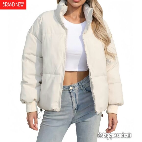 Cropped Quilted Puffer Jacket - Stand Collar Zipper Drawstring Warm